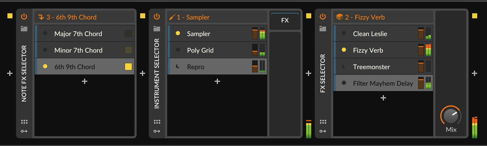 Селектор инструментов Bitwig Studio , Note FX Selector и Audio FX Selector
